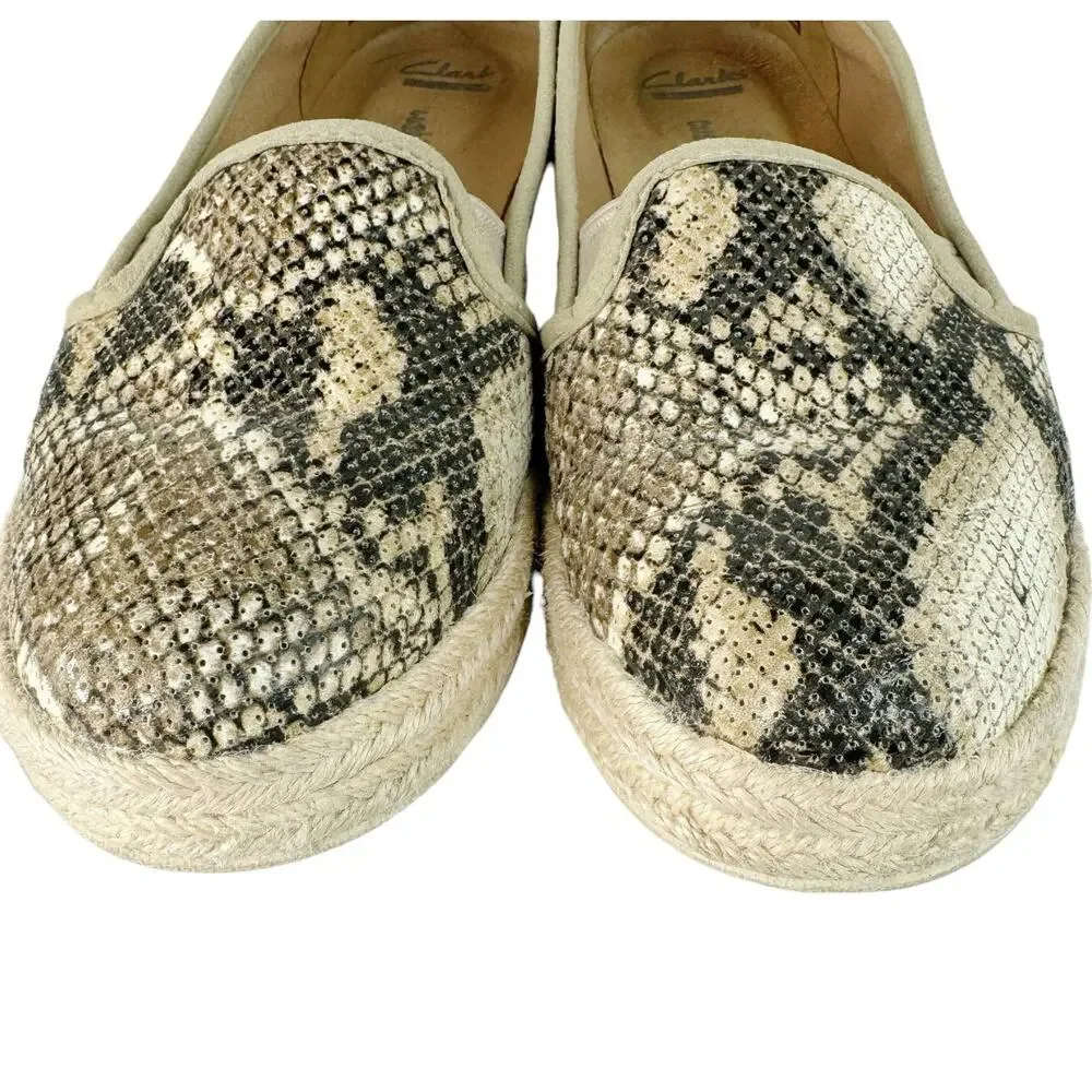 Clarks Azella Theoni Leather Slip-On Snakeskin Animal Print Flats Brown Tan 9